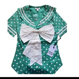 Unique Vintage Sz Small/4 Seafoam & White Polka Dot Poplin Bow Top NEW!